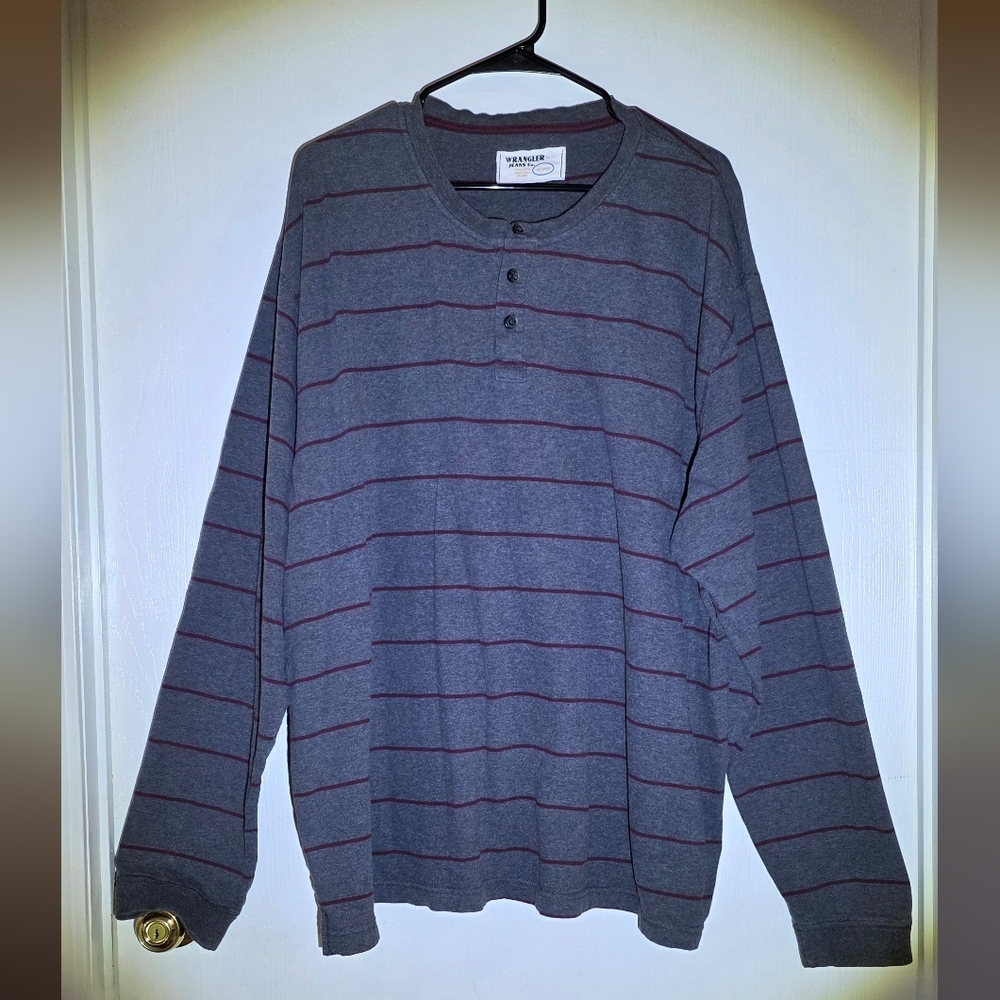 Men's Wrangler Jeans Co. Gray with Maroon Stripes Cotton Long Sleeve Shirt, 3XL